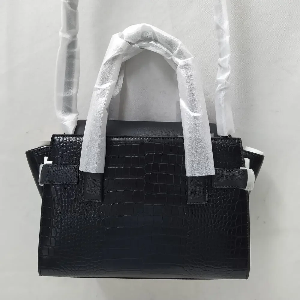 Michael Kors Carmen Black Leather Crocodile Embossed Flap Satchel Bag - NWT $598